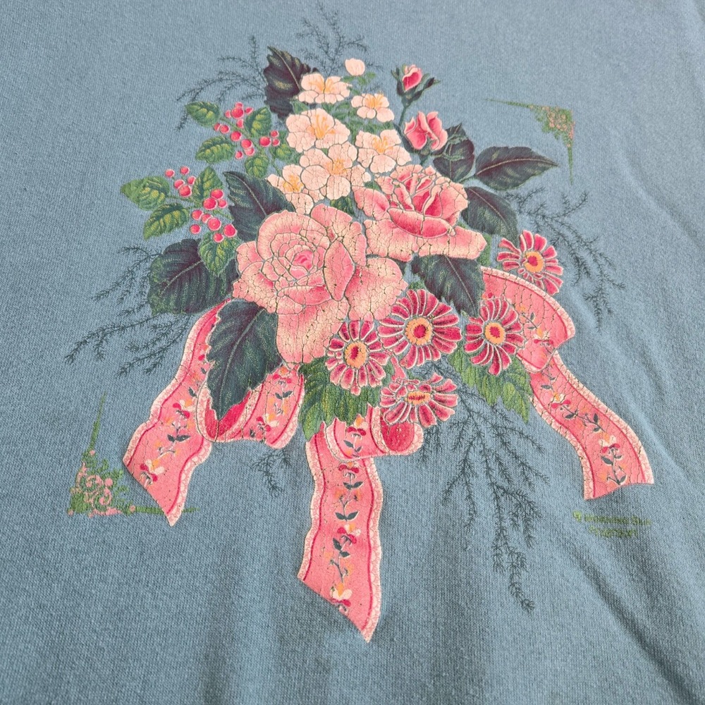 Vintage Morning Sun Teal Blue Floral Double Neck Sweatshirt Made in USA Large - Picture 4 of 8